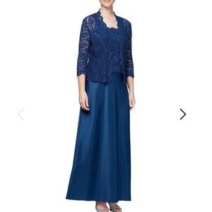 Alex Evenings Navy Blue Lace Glitter Two Piece‎ Jacket Sleeveless Satin Dress 6